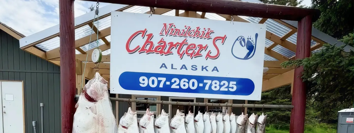 Ninilchik Charters Alaska sign above a row of hanging halibut catch at the dock